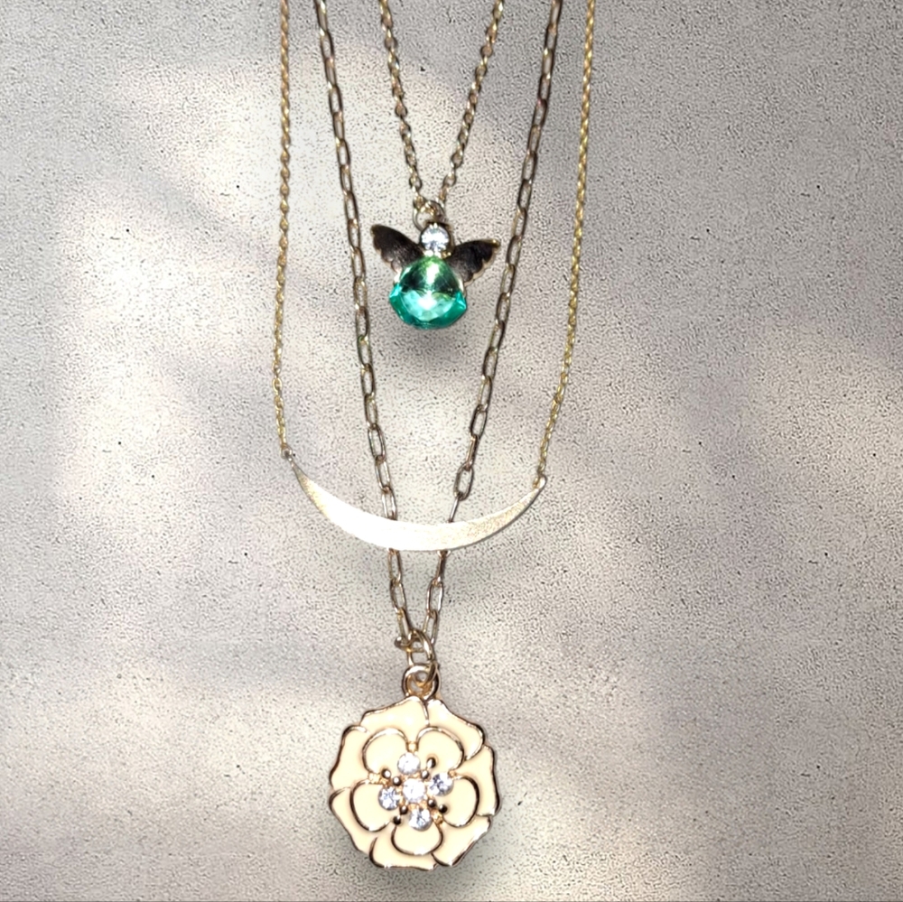 Three goldtone minimalist dainty chain necklaces curved bar, angel, enamel rose